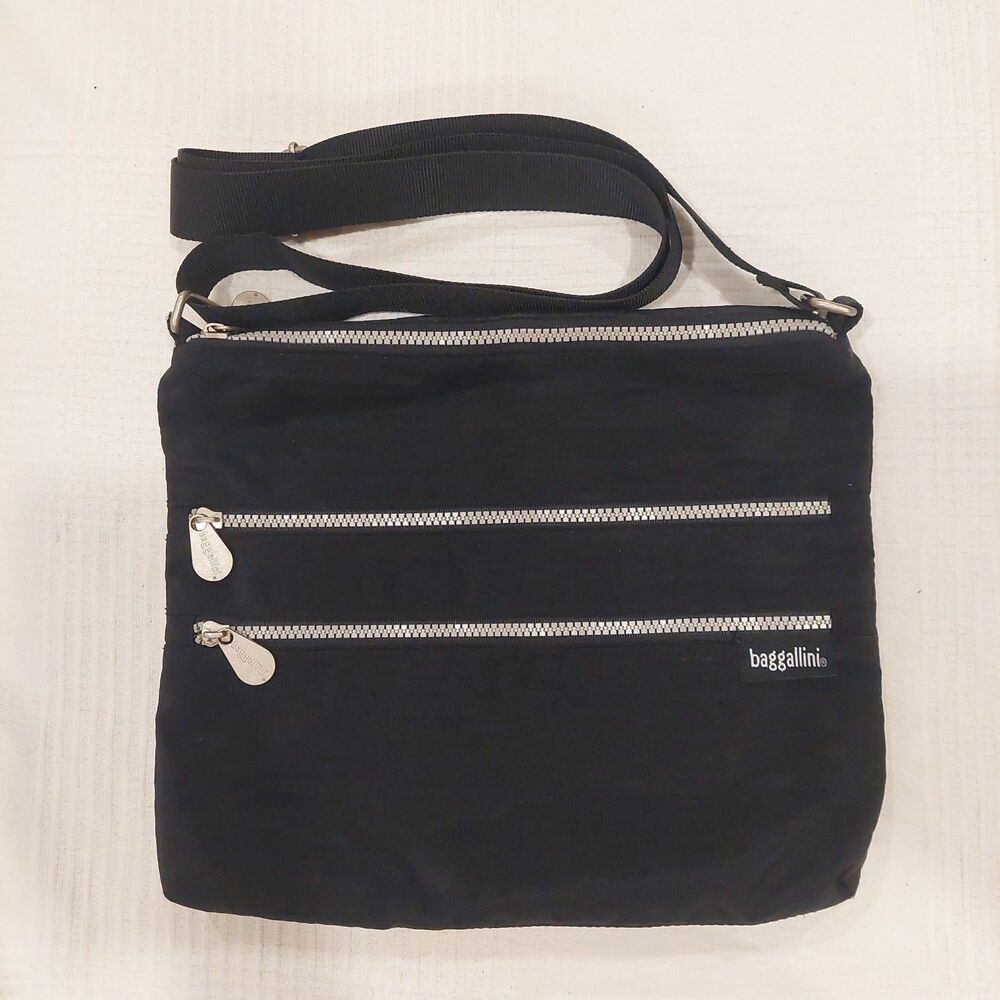 Baggallini Black Nylon Triple Zip Crossbody Bag Purse EUC